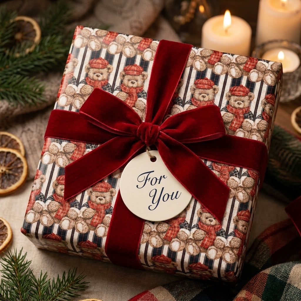 Vintage teddy bear Christmas wrapping paper with red velvet ribbon and tag by Wrapped Studios.