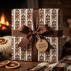 Teddy bear Christmas wrapping paper with a brown ribbon by Wrapped Studios, set by a cozy fireplace.