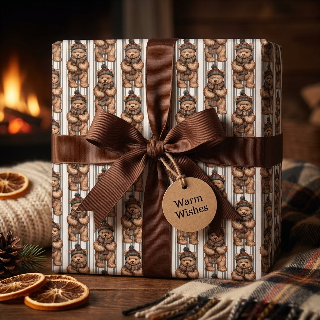 Teddy bear Christmas wrapping paper with a brown ribbon by Wrapped Studios, set by a cozy fireplace.