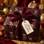 Vintage teddy bear plaid Christmas wrapping paper with a velvet bow by Wrapped Studios.