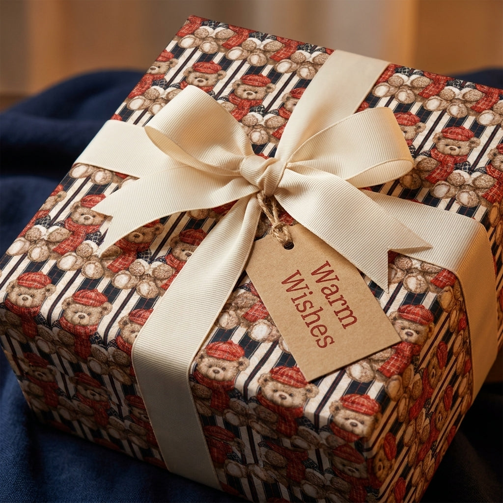 Vintage teddy bear Christmas wrapping paper with a cream bow and Warm Wishes tag by Wrapped Studios.