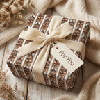 Cozy teddy bear Christmas wrapping paper with cream velvet ribbon by Wrapped Studios.
