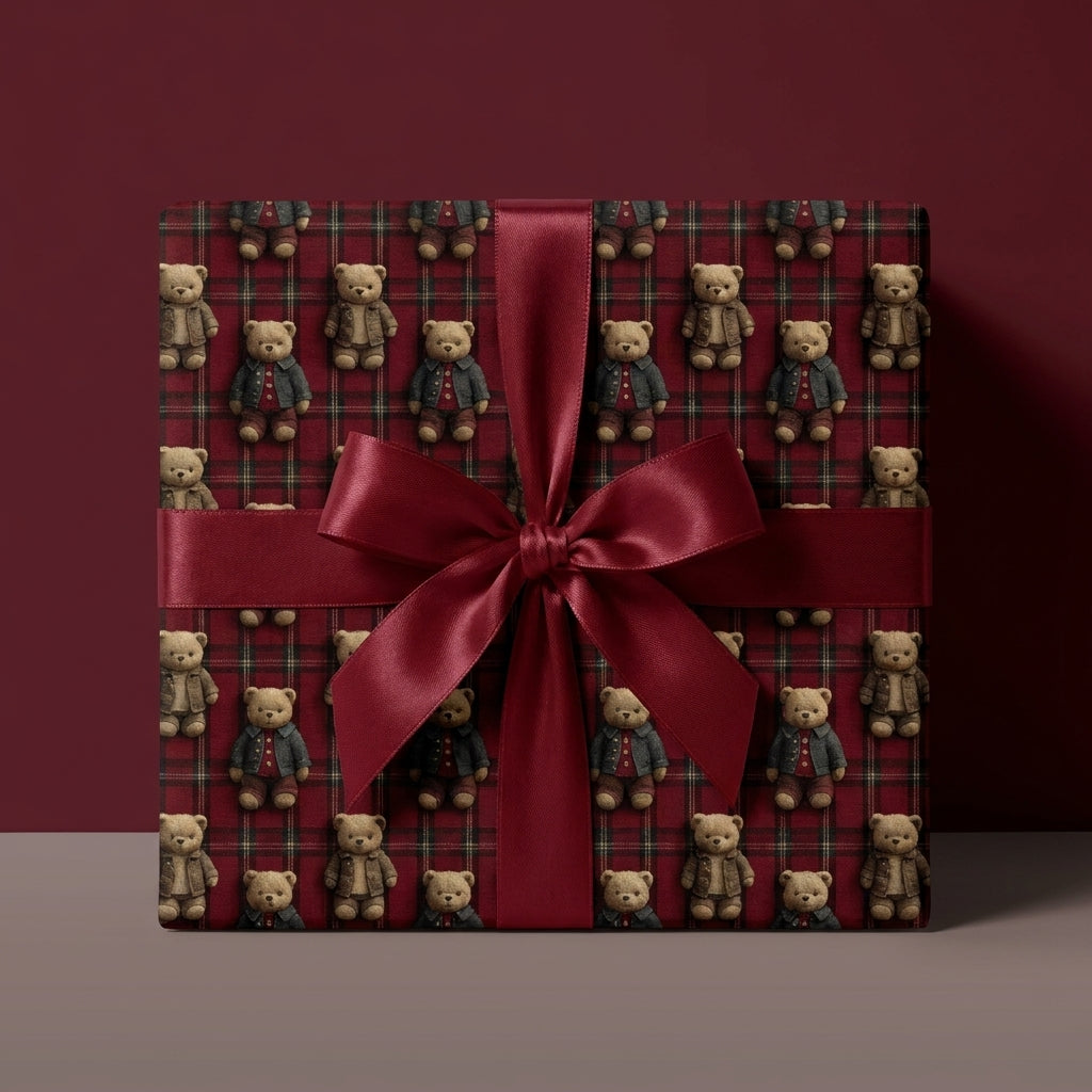Vintage teddy bear Christmas wrapping paper with a burgundy satin bow on a gift box by Wrapped Studios.