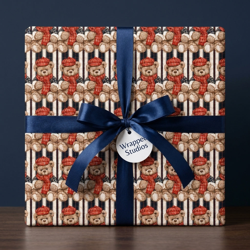 Teddy bear Christmas wrapping paper on a gift box with a navy blue bow, by Wrapped Studios.