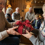 Grandmother giving a gift in vintage teddy bear Christmas wrapping paper with a red bow, by Wrapped Studios.