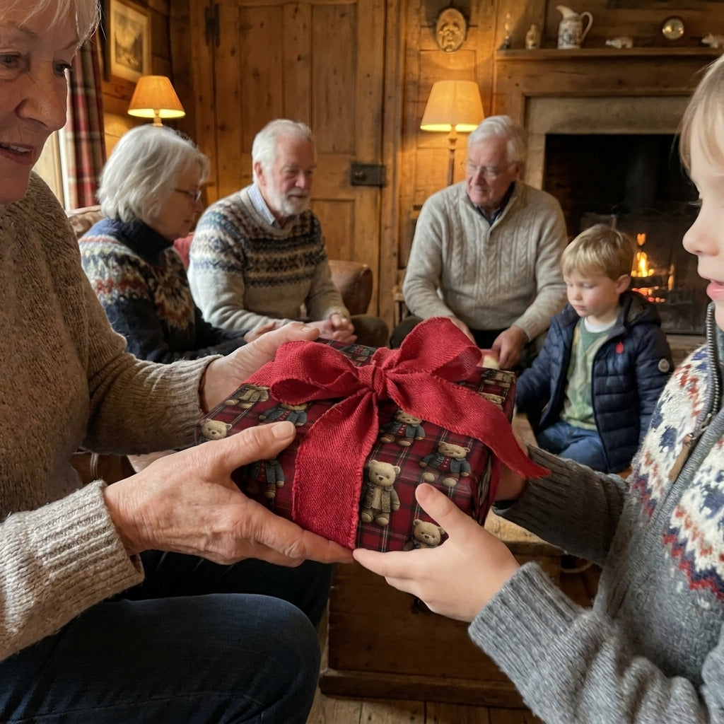 Grandmother giving a gift in vintage teddy bear Christmas wrapping paper with a red bow, by Wrapped Studios.