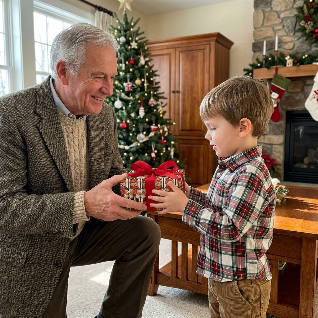 Child receiving a Christmas gift in teddy bear holiday wrapping paper by Wrapped Studios.