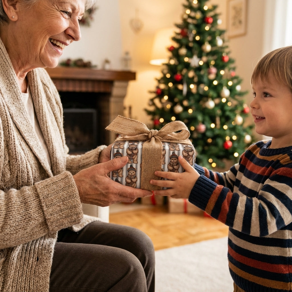 Boy receiving a gift wrapped in teddy bear Christmas wrapping paper by Wrapped Studios.