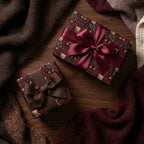 Teddy bear plaid Christmas wrapping paper with satin and grosgrain bows by Wrapped Studios.