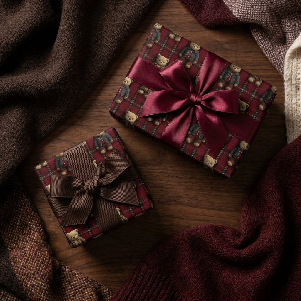 Teddy bear plaid Christmas wrapping paper with satin and grosgrain bows by Wrapped Studios.