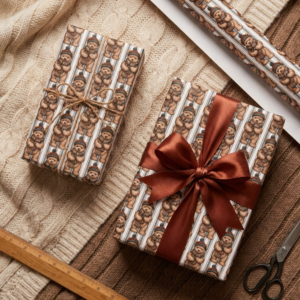 Teddy bear Christmas wrapping paper on holiday gifts with a brown satin bow, by Wrapped Studios.