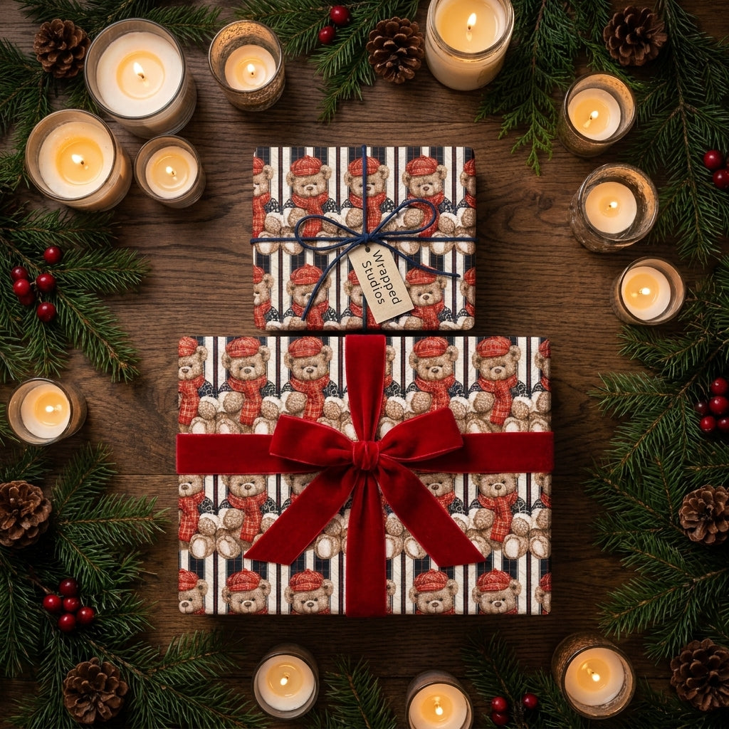 Teddy bear Christmas wrapping paper by Wrapped Studios on gifts with a red velvet bow in a cozy holiday setting.