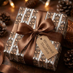Teddy bear Christmas wrapping paper by Wrapped Studios on a gift box with a brown satin ribbon.