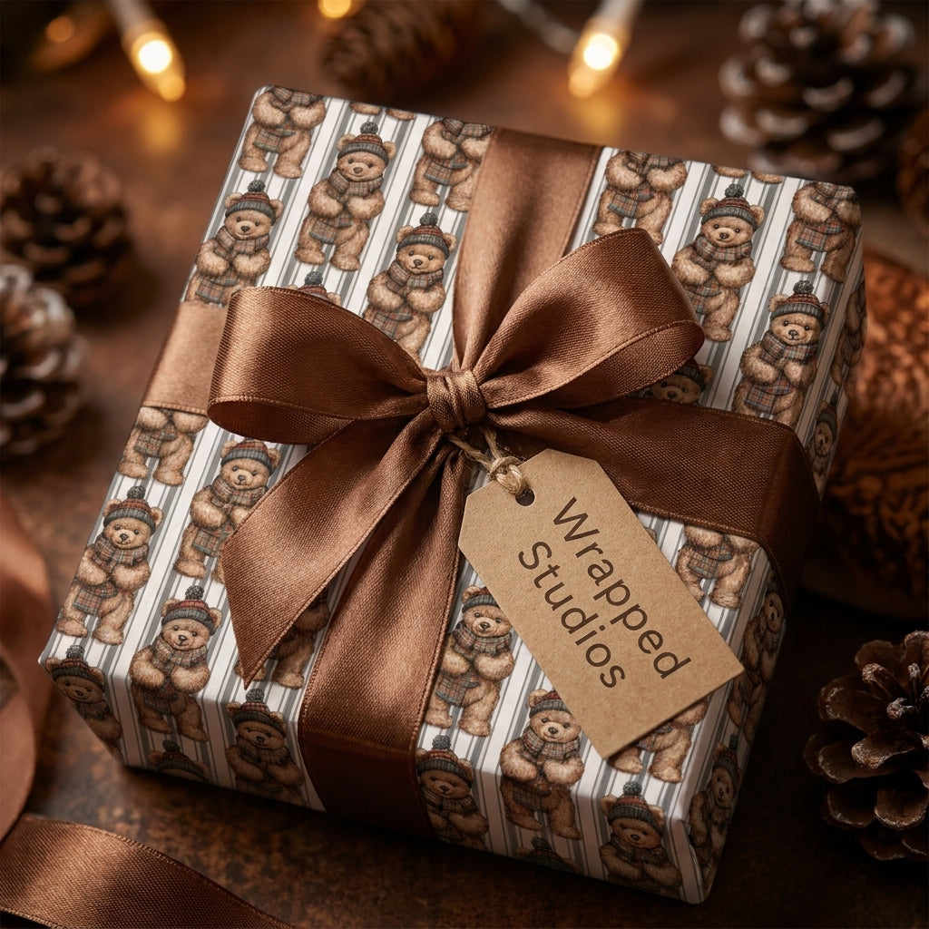 Teddy bear Christmas wrapping paper by Wrapped Studios on a gift box with a brown satin ribbon.