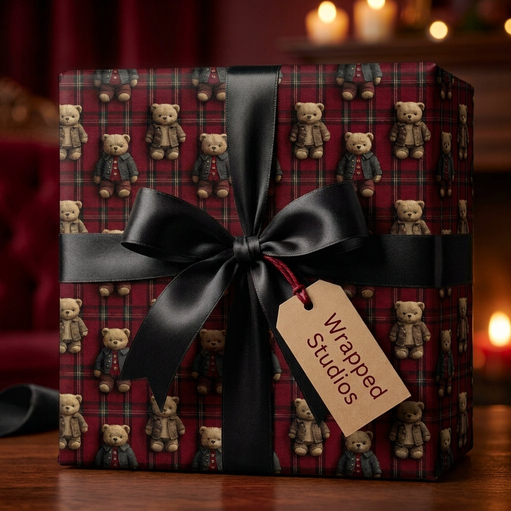 Red plaid teddy bear Christmas gift wrap with a black satin bow and gift tag by Wrapped Studios.