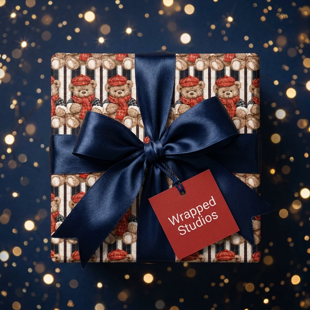 Teddy bear Christmas wrapping paper by Wrapped Studios with a navy blue ribbon on a festive bokeh background.
