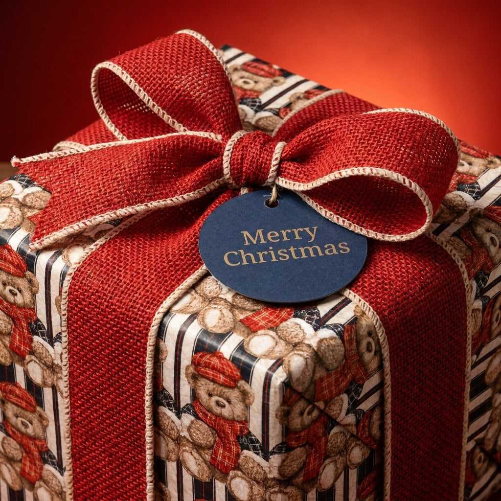 Teddy bear Christmas wrapping paper with red burlap ribbon and holiday tag, by Wrapped Studios.