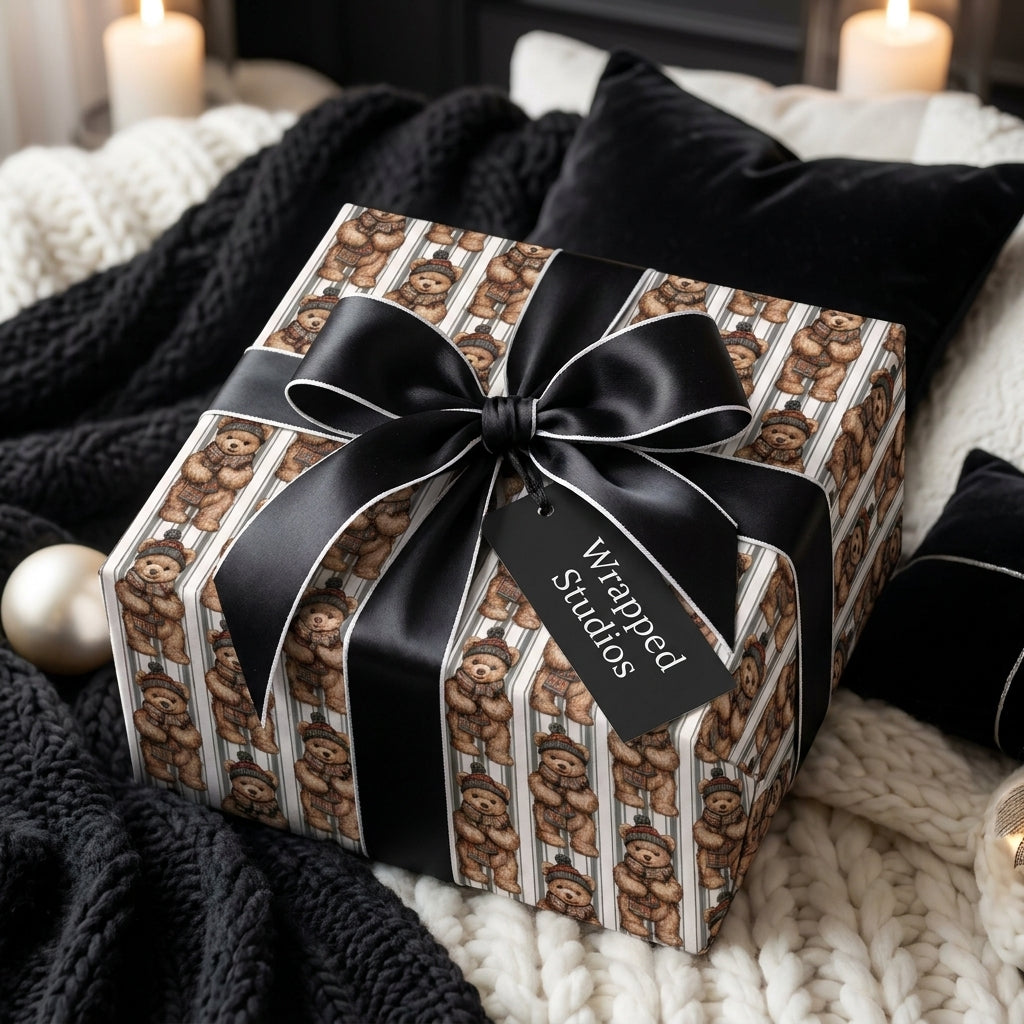 Teddy bear Christmas wrapping paper by Wrapped Studios with a black satin bow on a cozy blanket.