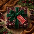 Teddy bear plaid Christmas wrapping paper with a green velvet bow, by Wrapped Studios.