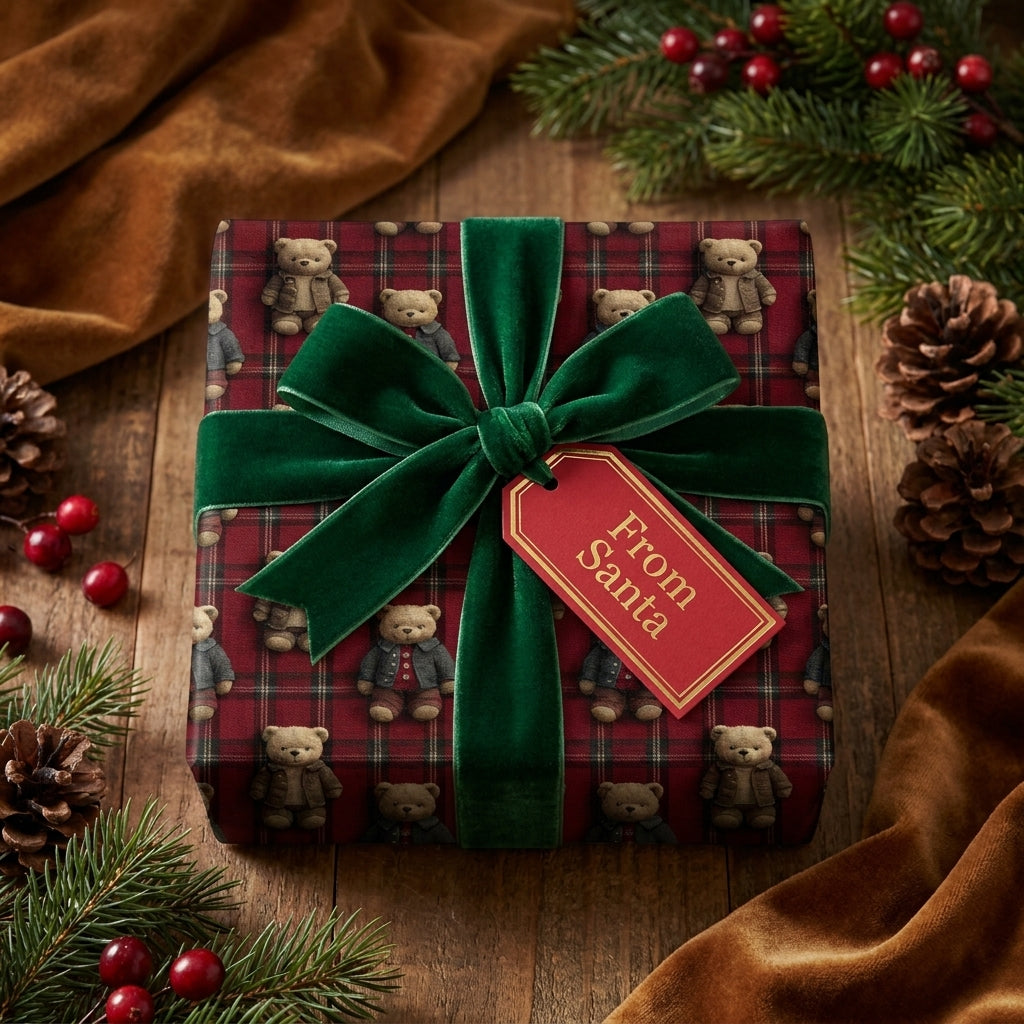 Teddy bear plaid Christmas wrapping paper with a green velvet bow, by Wrapped Studios.