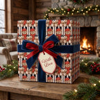 Teddy bear Christmas wrapping paper with a blue and red velvet bow by Wrapped Studios.