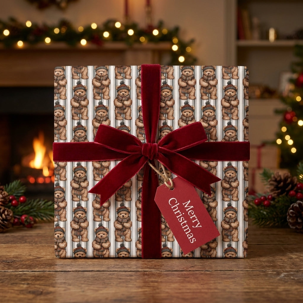 Teddy bear Christmas gift wrap with red velvet bow by Wrapped Studios in a cozy holiday scene.