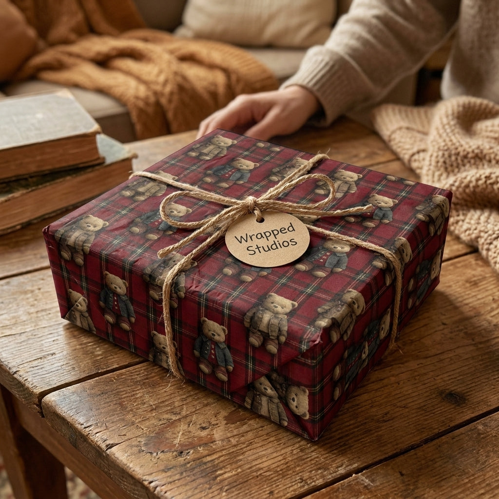 Vintage teddy bear plaid wrapping paper by Wrapped Studios, tied with rustic twine on a cozy Christmas gift.