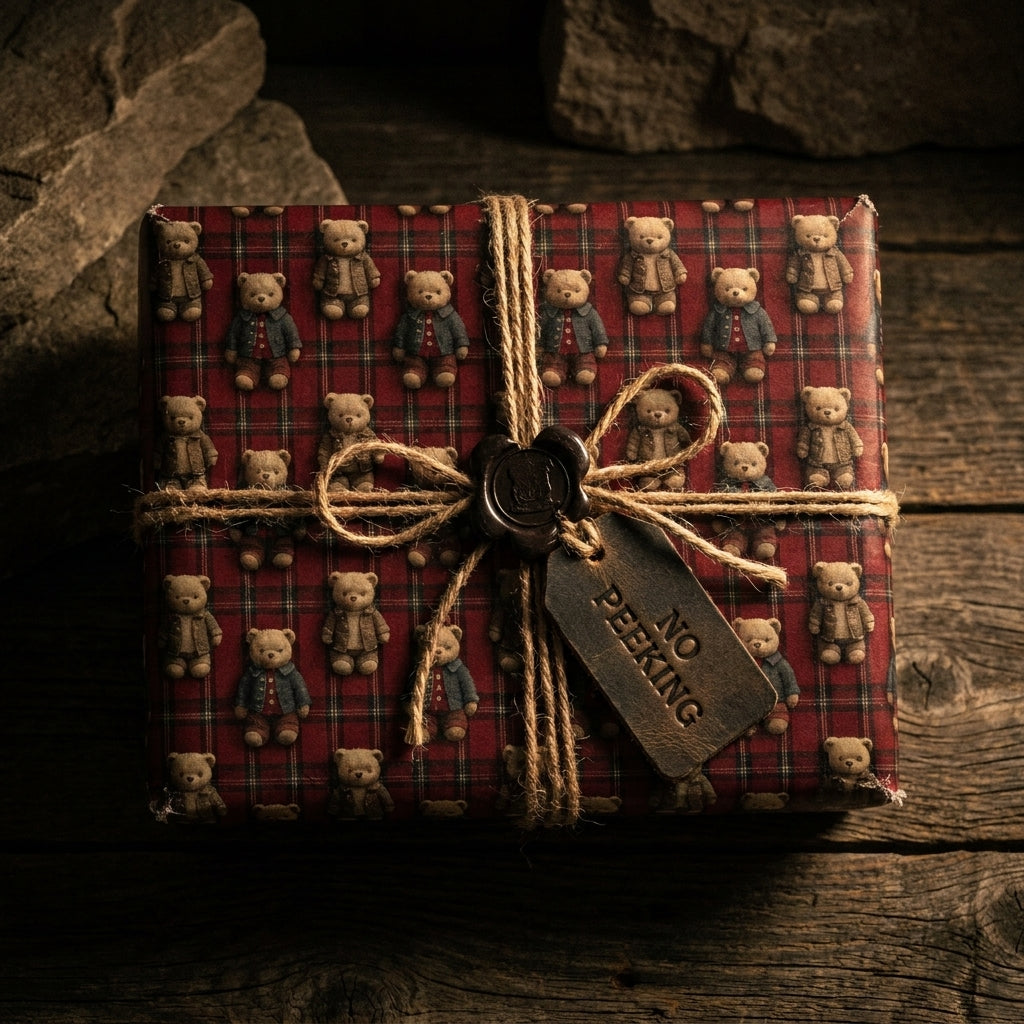 Vintage teddy bear wrapping paper on a rustic Christmas gift box with twine, from Wrapped Studios.
