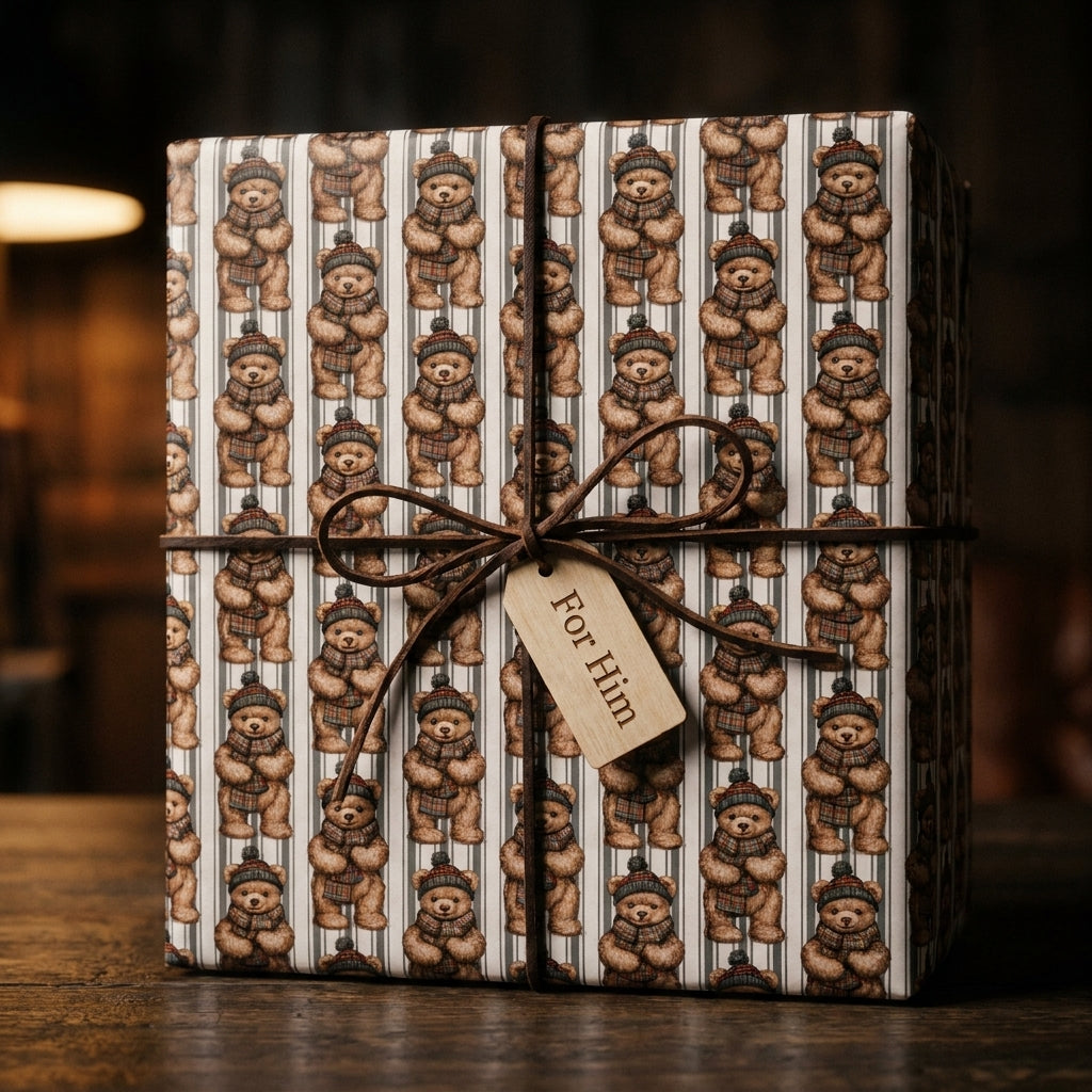 Cozy teddy bear wrapping paper on a holiday gift box with a 'For Him' tag, by Wrapped Studios.
