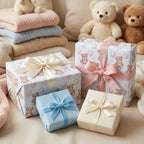 Teddy bear baby shower wrapping paper on gift boxes with pastel ribbons by Wrapped Studios.