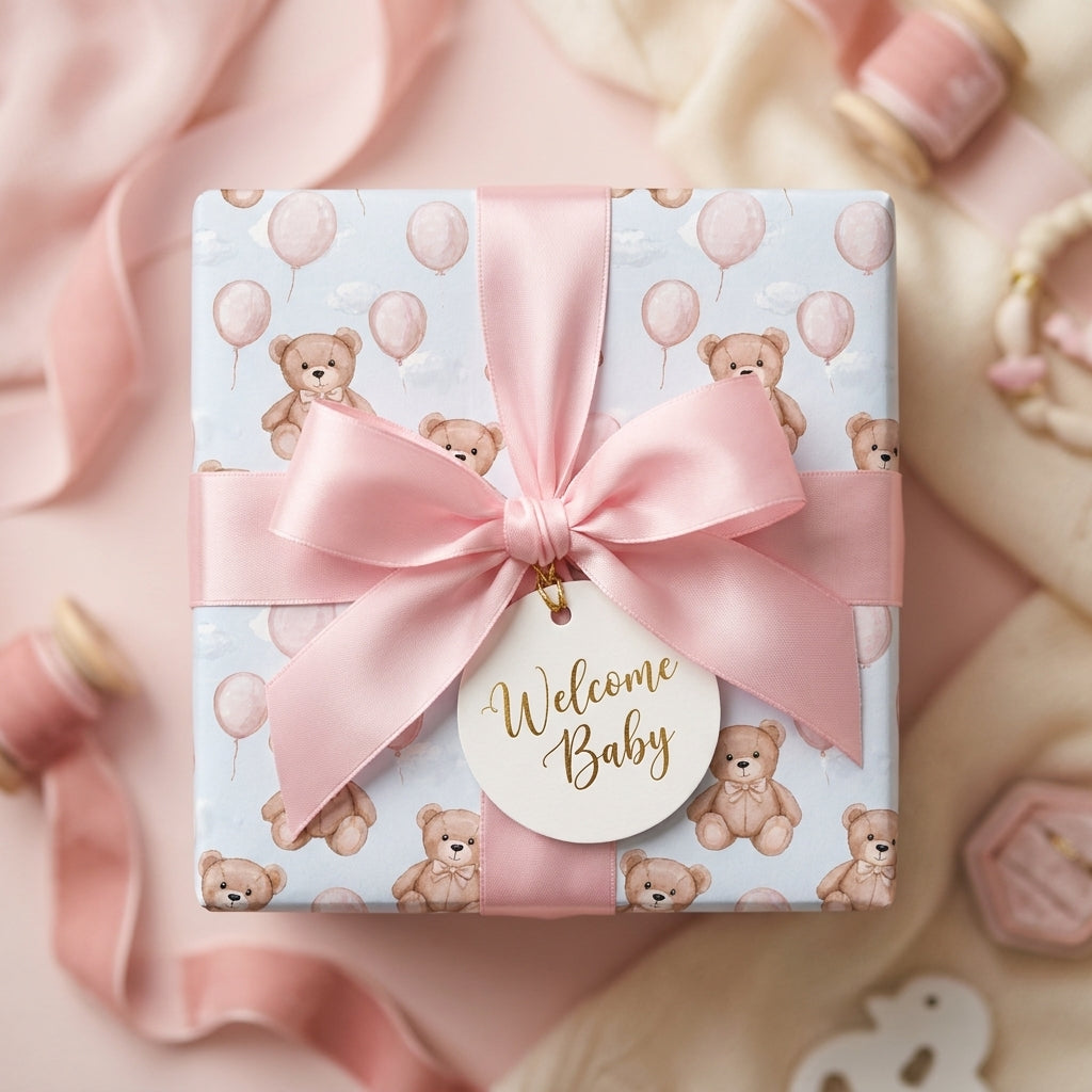 Pastel teddy bear baby shower wrapping paper with pink ribbon and Welcome Baby tag by Wrapped Studios.