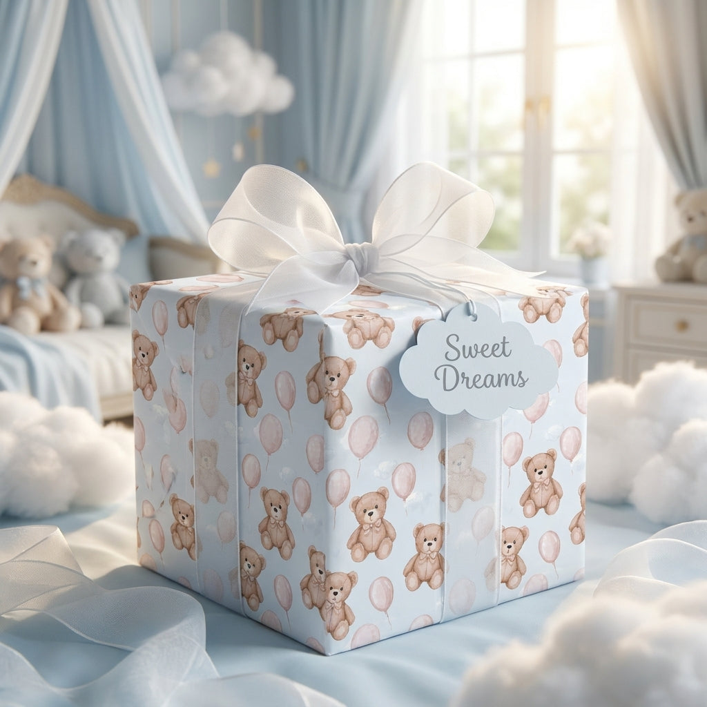 Teddy bear baby shower wrapping paper with white ribbon in a nursery by Wrapped Studios.