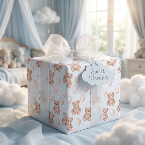 Teddy bear baby shower wrapping paper with white ribbon in a nursery by Wrapped Studios.