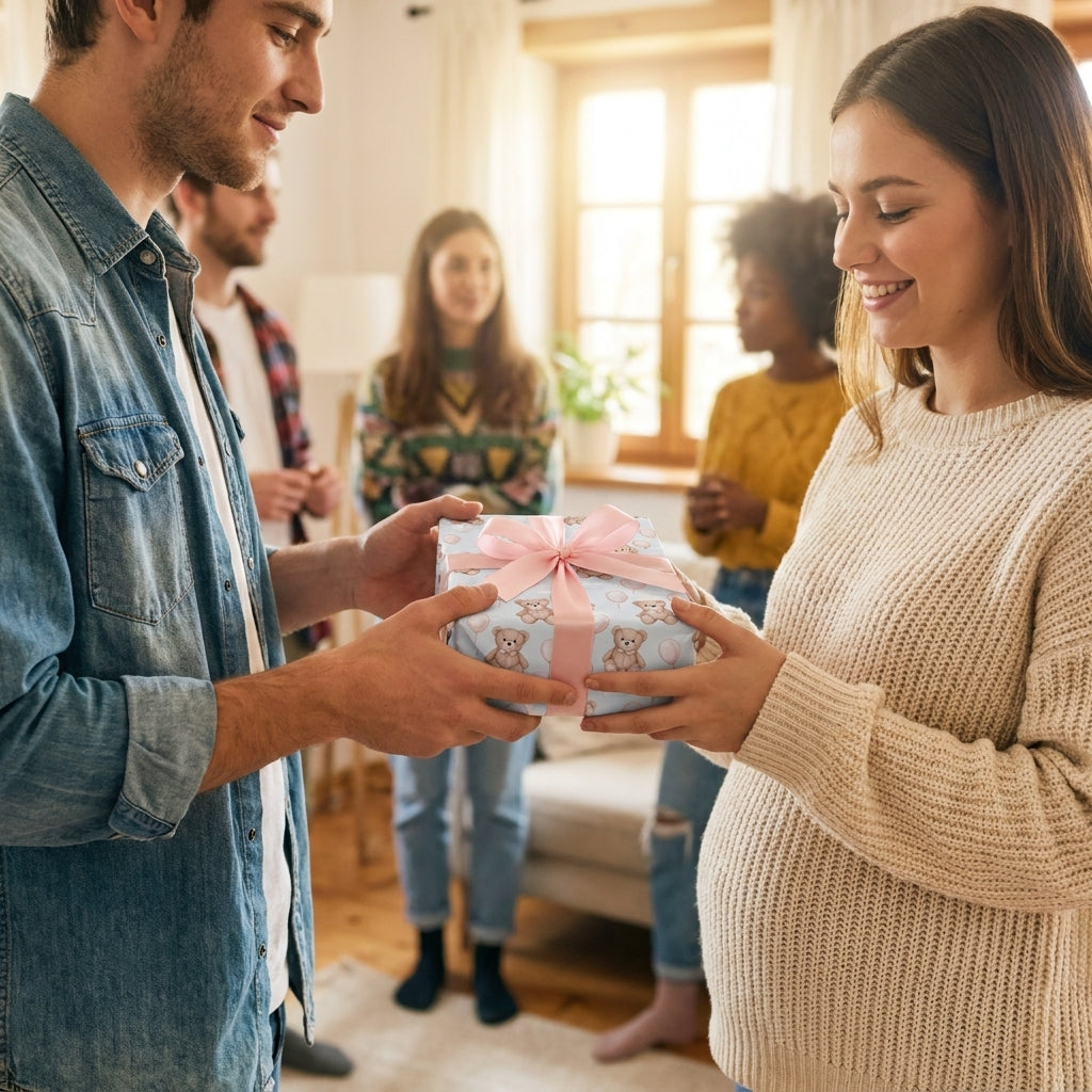 Pregnant woman receiving a baby shower gift in blue teddy bear wrapping paper with pink bow by Wrapped Studios.