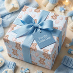 Blue teddy bear baby shower wrapping paper with ribbon and 'For the Little One' tag by Wrapped Studios.