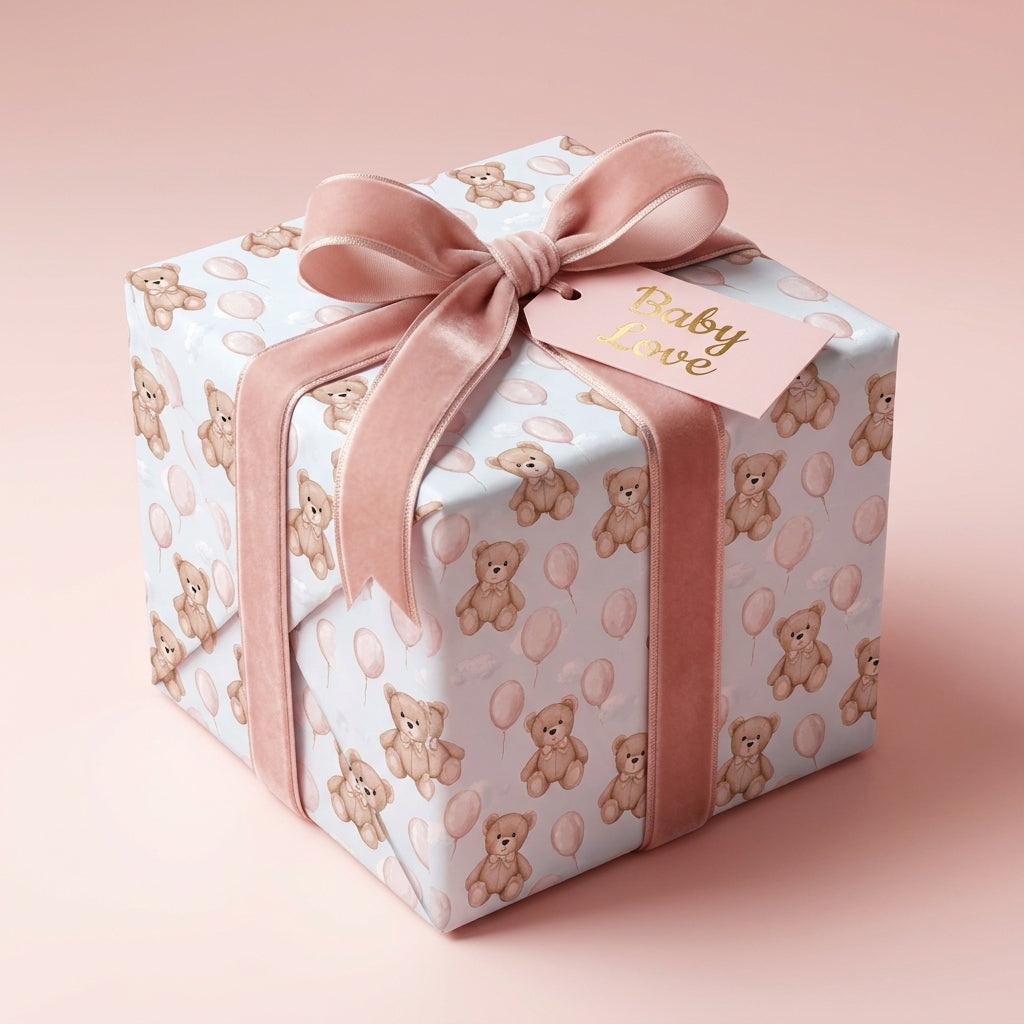 Teddy bear baby shower wrapping paper with pink velvet ribbon on a gift box by Wrapped Studios.