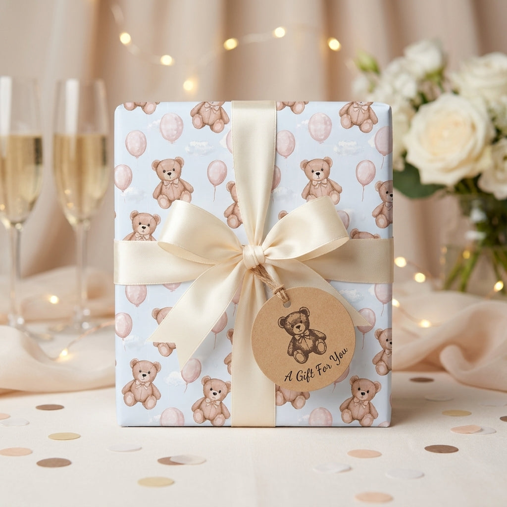 Teddy bear baby shower wrapping paper with a cream satin bow by Wrapped Studios.