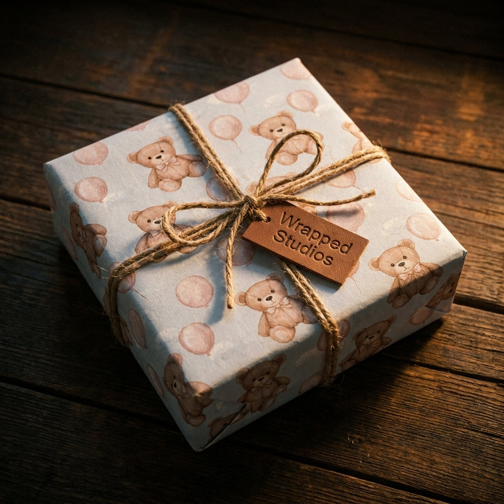 Teddy bear baby shower wrapping paper by Wrapped Studios, tied with twine on a gift box.