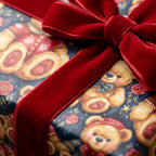 Vintage teddy bear Christmas gift wrap with a luxury red velvet bow by Wrapped Studios.