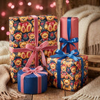 Teddy bear wrapping paper on cozy Christmas gift boxes with velvet ribbons by Wrapped Studios.