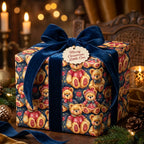 Vintage teddy bear Christmas wrapping paper with a luxury blue velvet bow by Wrapped Studios.