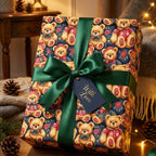 Teddy bear holiday wrapping paper on a Christmas gift box with green satin ribbon, by Wrapped Studios.