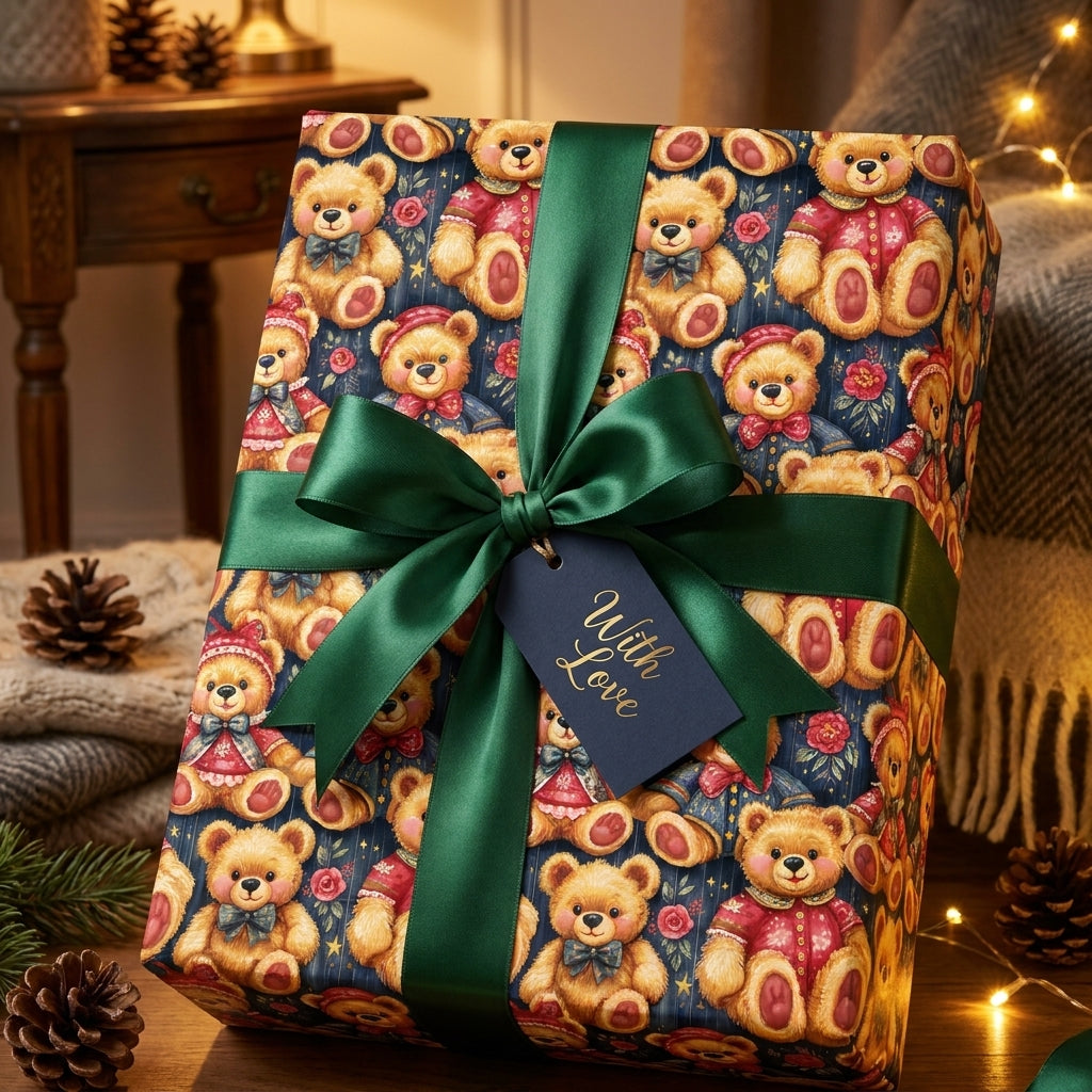Teddy bear holiday wrapping paper on a Christmas gift box with green satin ribbon, by Wrapped Studios.