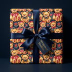 Teddy bear wrapping paper with a navy blue satin ribbon and gift tag by Wrapped Studios.