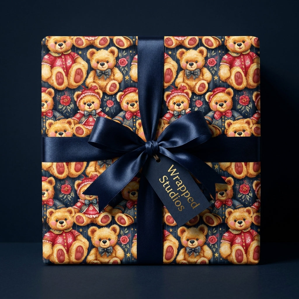 Teddy bear wrapping paper with a navy blue satin ribbon and gift tag by Wrapped Studios.