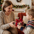 Teddy bear Christmas wrapping paper by Wrapped Studios on a holiday gift held by a grandmother and child.
