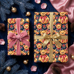 Teddy bear Christmas wrapping paper with pink velvet and gold bows by Wrapped Studios.