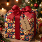 Vintage teddy bear Christmas wrapping paper on a gift box with a red bow by Wrapped Studios.