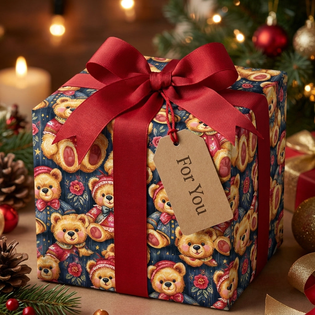 Vintage teddy bear Christmas wrapping paper on a gift box with a red bow by Wrapped Studios.
