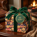 Teddy bear Christmas wrapping paper with a green velvet bow on a holiday gift box by Wrapped Studios.
